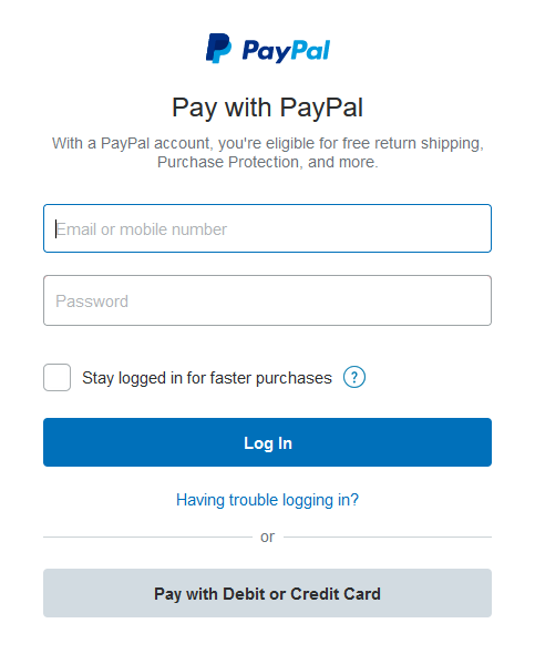 Paypal payment window screenshot.