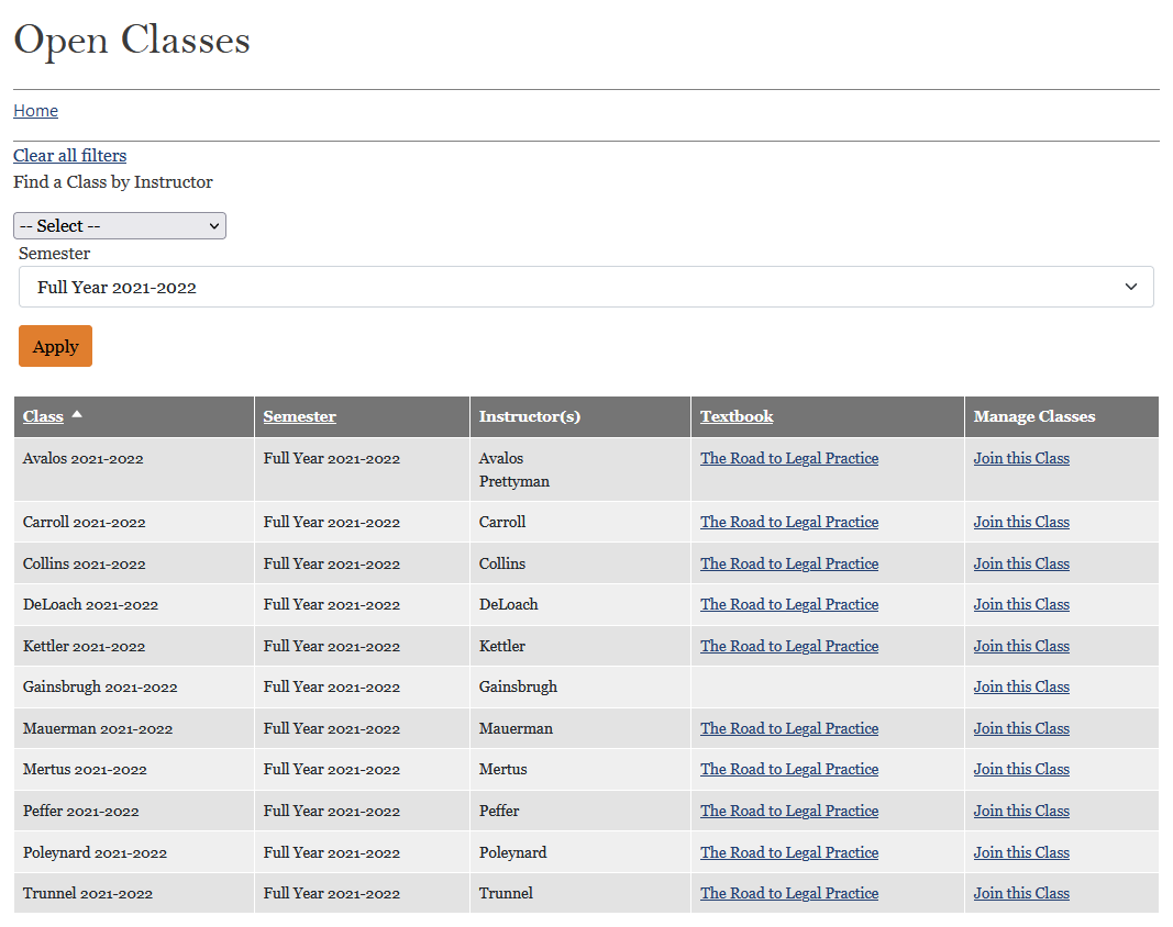Open Classes page screenshot