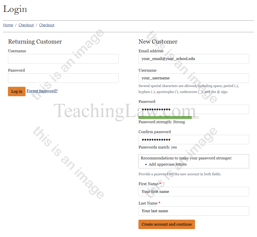 Teaching Law registration form screenshot